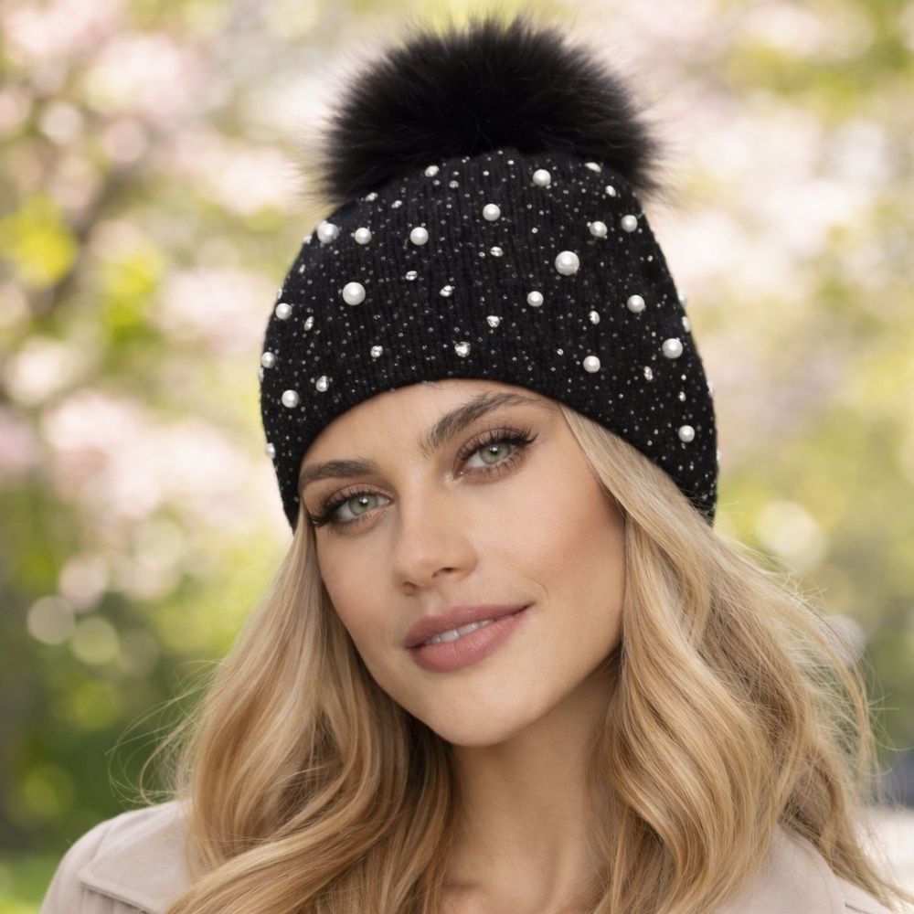 670. LAST 1! rhinestone Stud Hat Black Crystal Pearl Beaded Lightweight